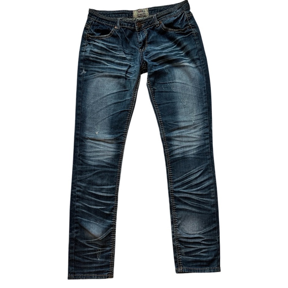 Thrill Women's 11 Junior Straight Leg Jeans distressed Blue Wash studded Pocket